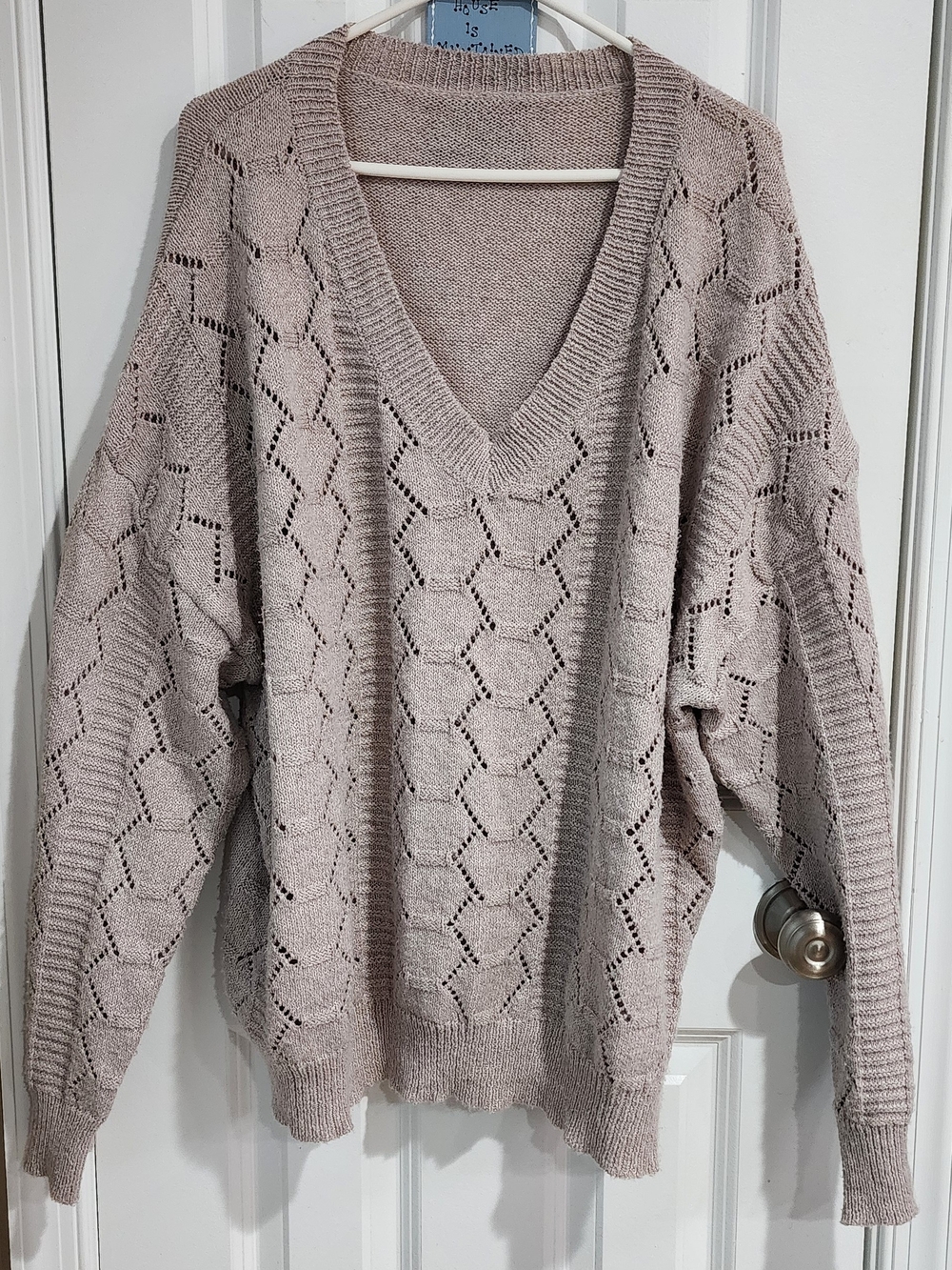 SHEIN Light Taupe Open-Knit V-Neck Sweater